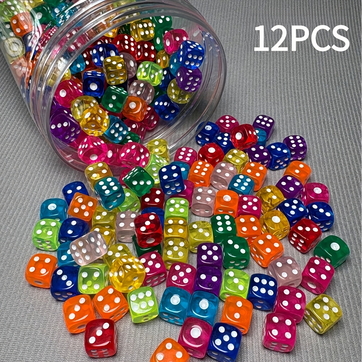 12pcs Transparent Colored Plastic 6-Sided Dice Set for Board Games